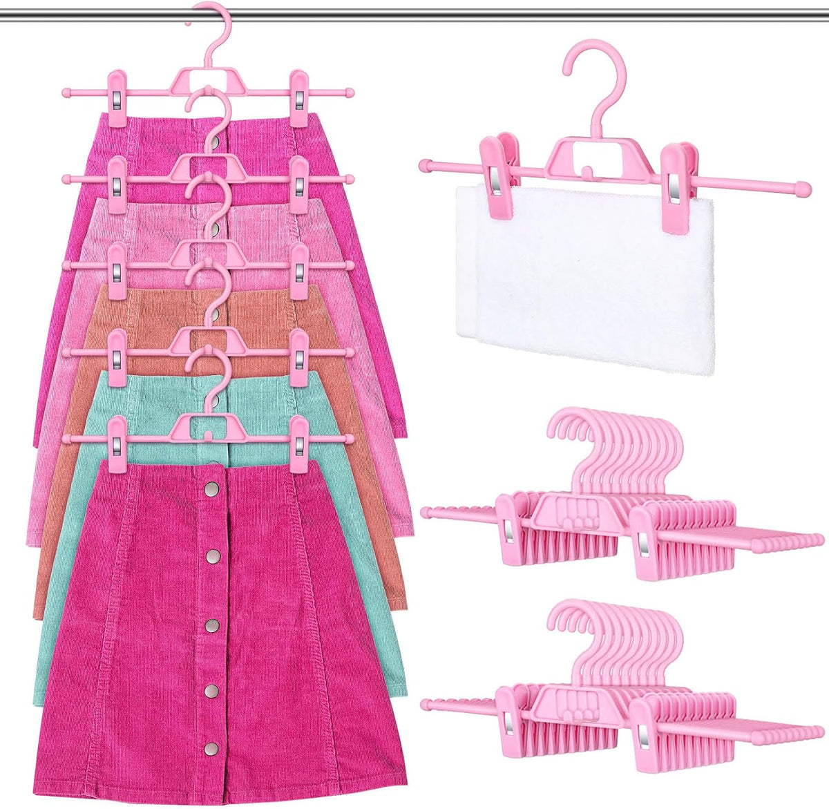 20 Pcs Pink Skirt Hangers with Clips Space Saving Skirt Hangers for Women Hanging Closet Organizers with 360° Swivel Hook Clothes Storage for Skirts Dresses Legging Trouser Jeans