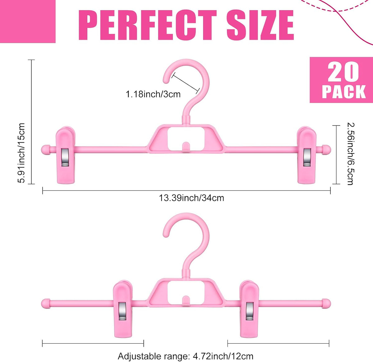 20 Pcs Pink Skirt Hangers with Clips Space Saving Skirt Hangers for Women Hanging Closet Organizers with 360° Swivel Hook Clothes Storage for Skirts Dresses Legging Trouser Jeans