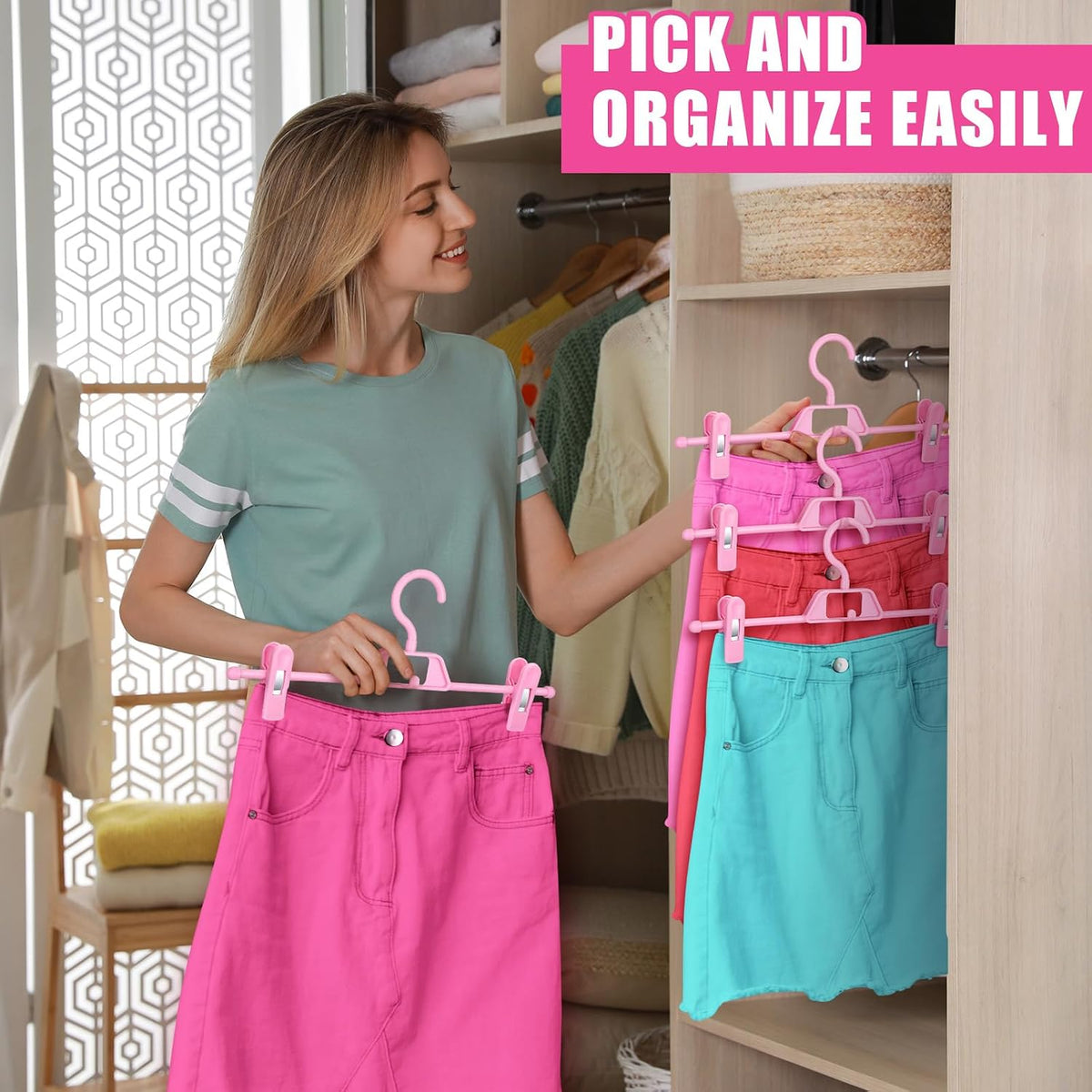 20 Pcs Pink Skirt Hangers with Clips Space Saving Skirt Hangers for Women Hanging Closet Organizers with 360° Swivel Hook Clothes Storage for Skirts Dresses Legging Trouser Jeans