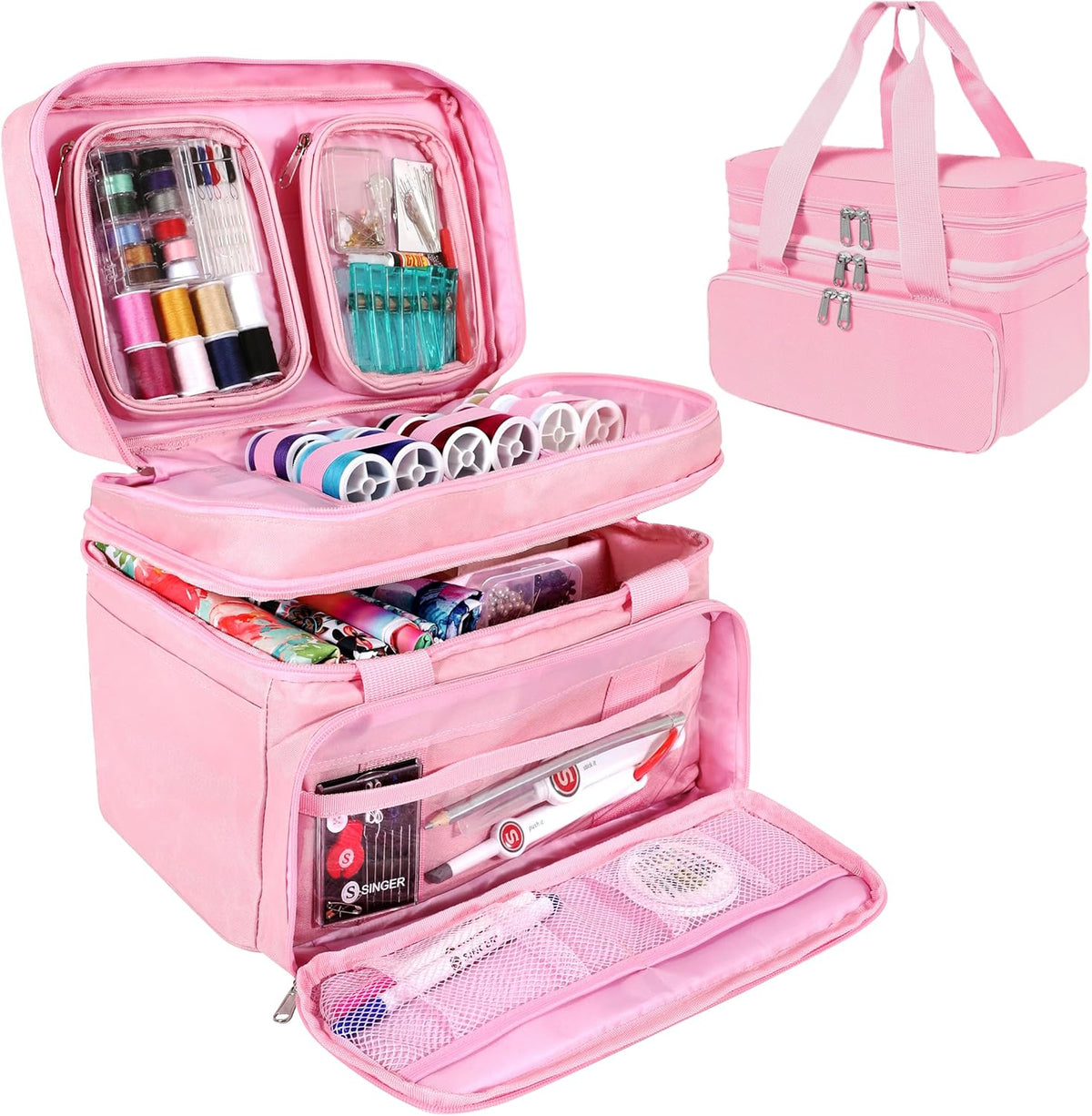 Portable Sewing Accessories Organizer Bag, 18 Compartments, Pink