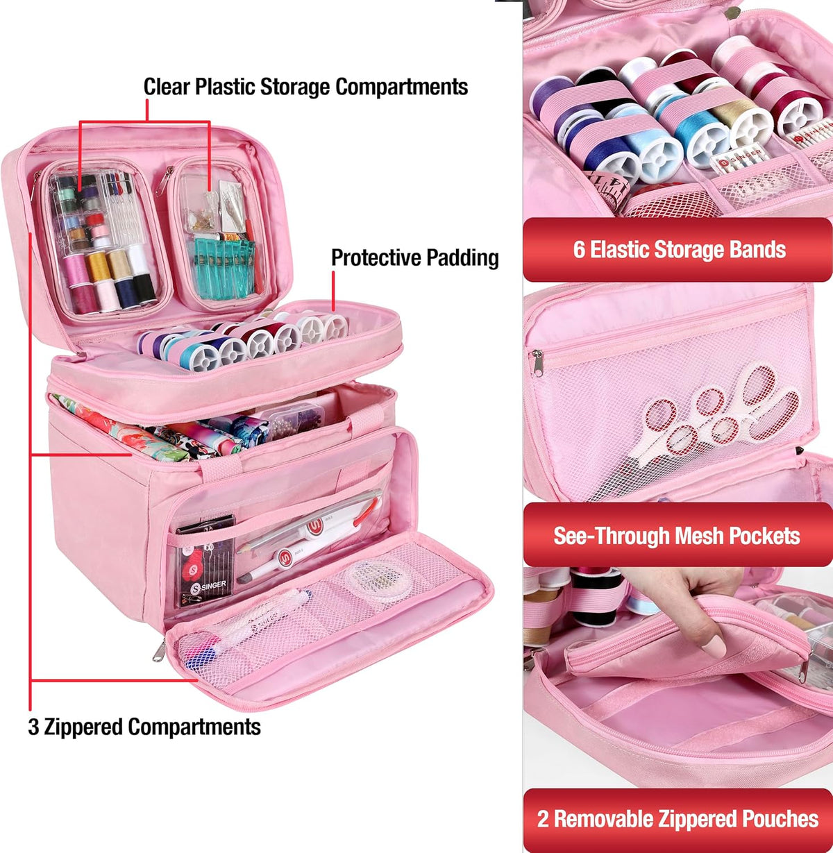 Portable Sewing Accessories Organizer Bag, 18 Compartments, Pink