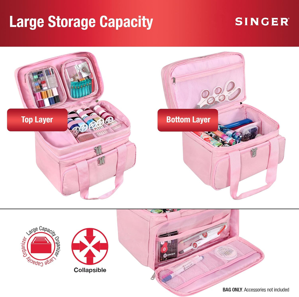 Portable Sewing Accessories Organizer Bag, 18 Compartments, Pink