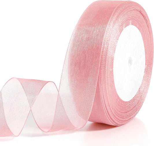 Pink Ribbon for Flower Bouquet 1 Inch 50 Yards Sheer Mothers Day Gift Basket Ribbon Tulle Ribbon for Gift Wrapping Ribbons for Crafts Ribbon for Hair Thin Ribbon for Wedding Decorations Party