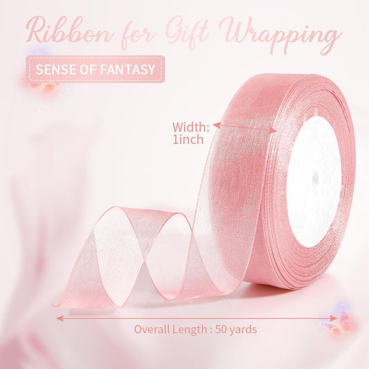 Pink Ribbon for Flower Bouquet 1 Inch 50 Yards Sheer Mothers Day Gift Basket Ribbon Tulle Ribbon for Gift Wrapping Ribbons for Crafts Ribbon for Hair Thin Ribbon for Wedding Decorations Party