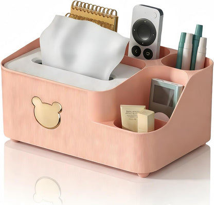 Multifunctional Tissue Box Cover with Storage,Square Tissue Box Holder and Remote Box,Modern Cube Tissue Cover Bedside Organizer for Nightstand End Table. (Pink)