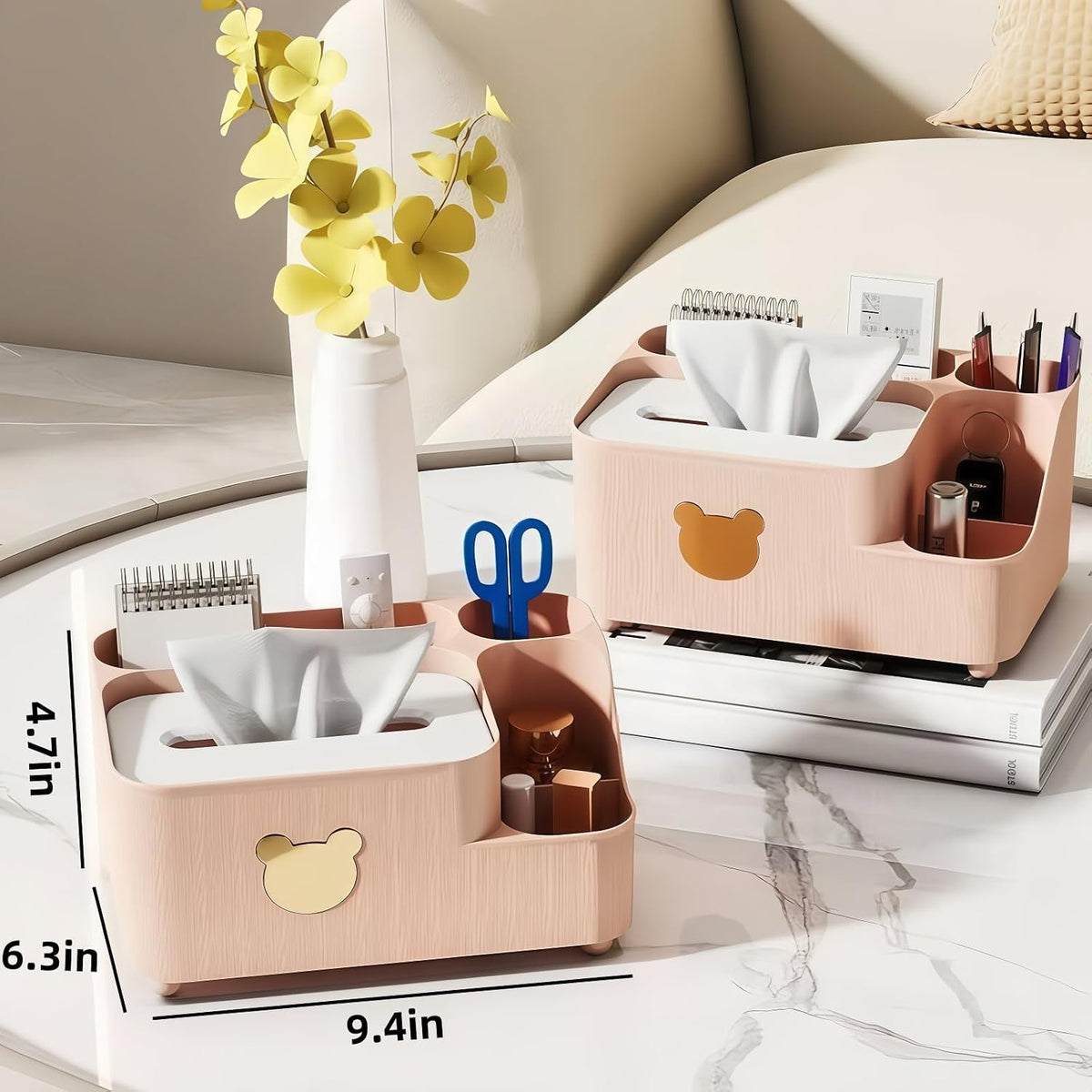 Multifunctional Tissue Box Cover with Storage,Square Tissue Box Holder and Remote Box,Modern Cube Tissue Cover Bedside Organizer for Nightstand End Table. (Pink)
