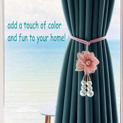 Adjustable Curtain Tiebacks， 4-Pack Hand-Woven Rope with Silk Flower & Pearl， Decorative Window Cord Holders for Drapery， Long Loop Design for All Curtain Thickness (Pink)