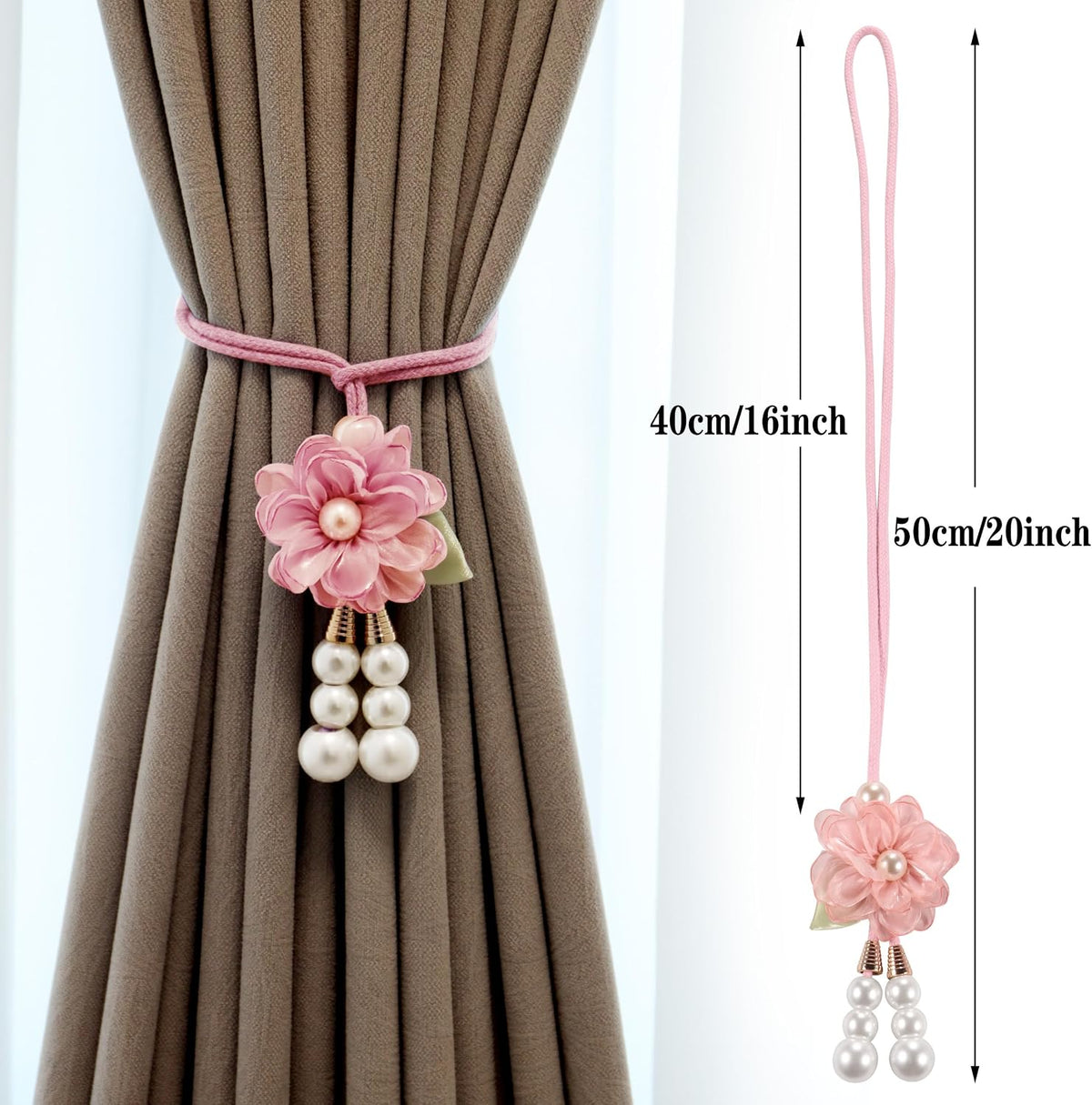 Adjustable Curtain Tiebacks， 4-Pack Hand-Woven Rope with Silk Flower & Pearl， Decorative Window Cord Holders for Drapery， Long Loop Design for All Curtain Thickness (Pink)