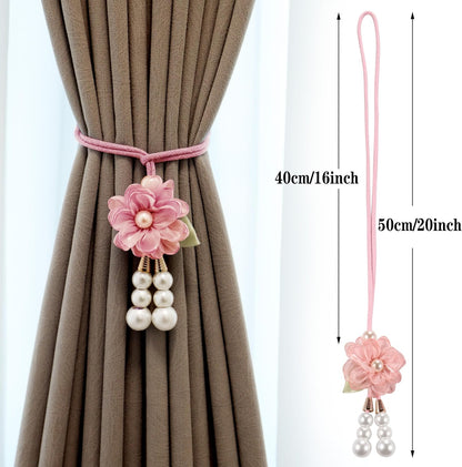 Adjustable Curtain Tiebacks， 4-Pack Hand-Woven Rope with Silk Flower & Pearl， Decorative Window Cord Holders for Drapery， Long Loop Design for All Curtain Thickness (Pink)