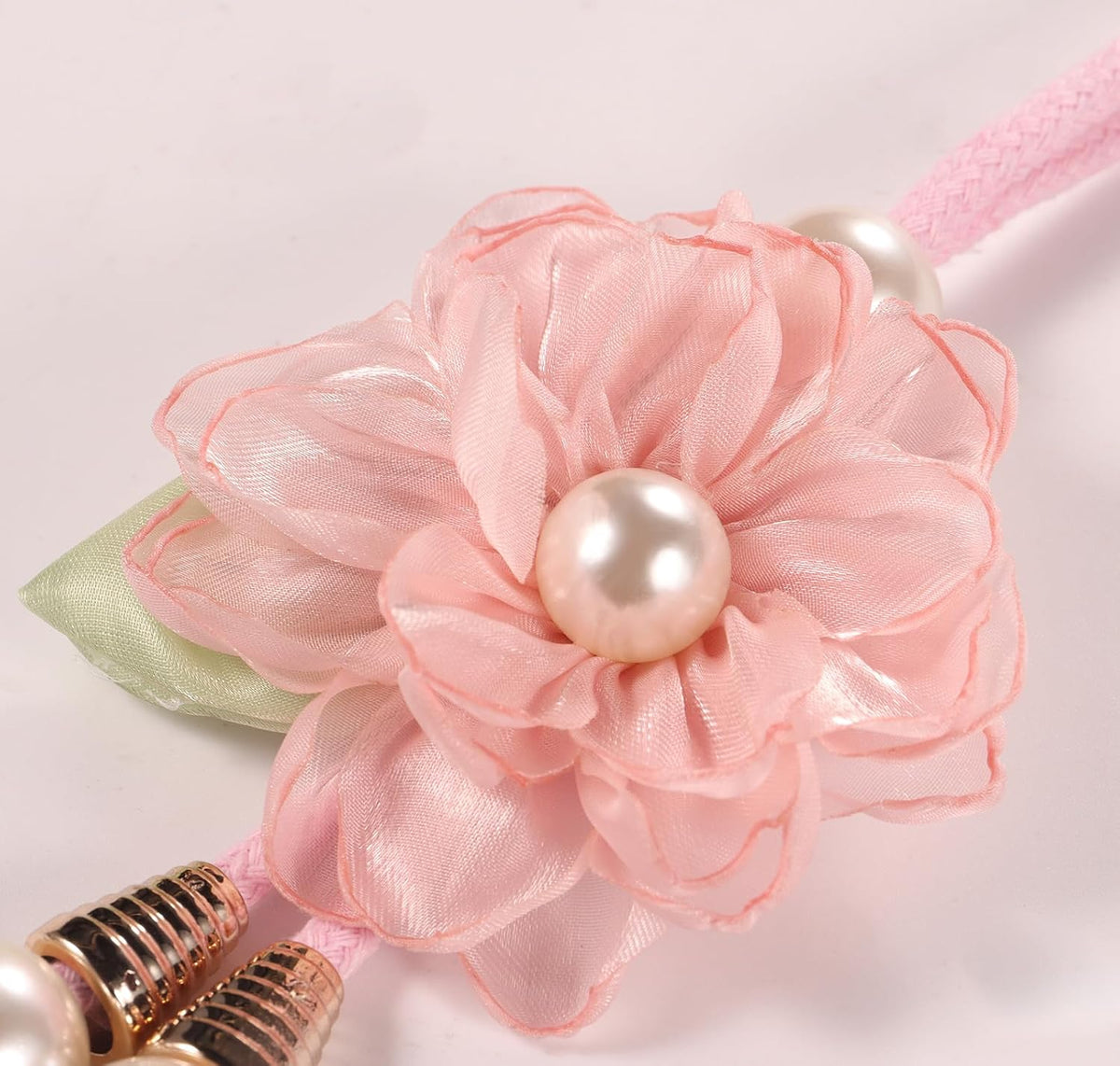 Adjustable Curtain Tiebacks， 4-Pack Hand-Woven Rope with Silk Flower & Pearl， Decorative Window Cord Holders for Drapery， Long Loop Design for All Curtain Thickness (Pink)