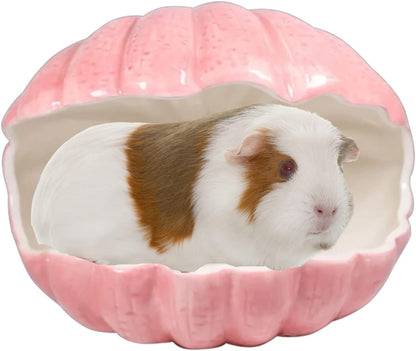 Small Animal Hideout Extra Large Ceramic Shell Shape Guinea Pig House Chinchilla Igloo Habitat Hut Cave Summer Bed Cage Accessories for Hedgehog Rabbit Hamster Gerbil Rat (XL (9.5''x7''x7.9''), Pink)