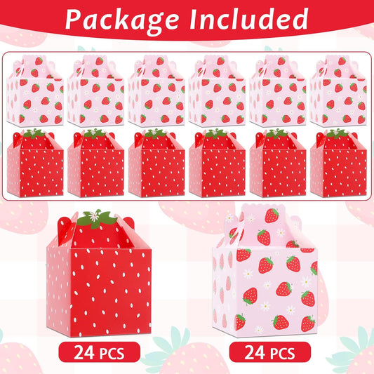 Justforjoyful 48Pcs Strawberry Daisy Party Favors Box Strawberry Gift Boxes Berry First Birthday Candy Treat Boxes Bags for Baby Shower Party Decor Supplies 3.5x3.5x3.5Inch