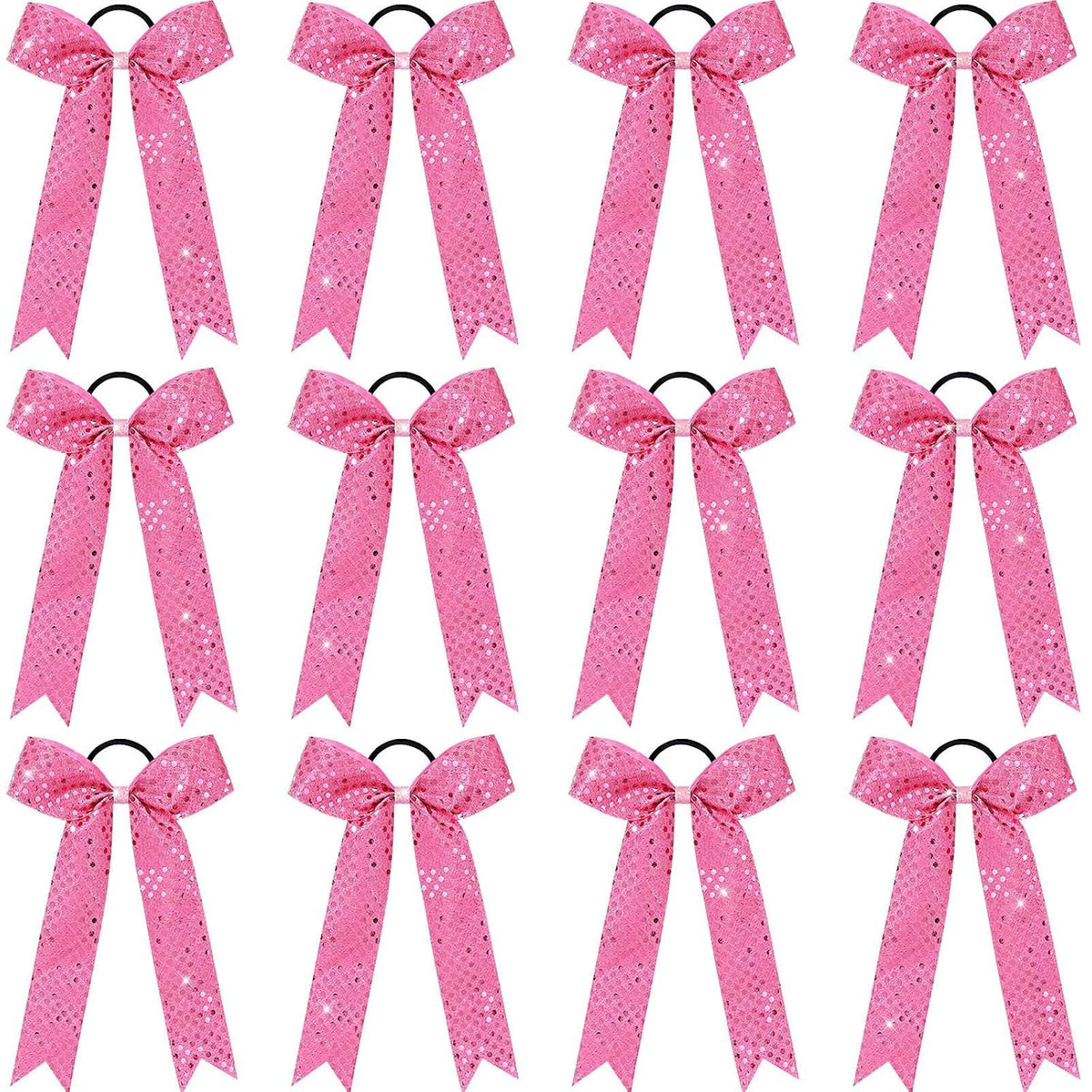 12PCS Glitter Long Tail Cheer Bows for Cheerleader, Pink Shiny Cheer Hair Tail Ponytail Holder for Cheerleading Girls Softball Sports (Pink)