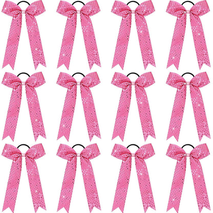 12PCS Glitter Long Tail Cheer Bows for Cheerleader, Pink Shiny Cheer Hair Tail Ponytail Holder for Cheerleading Girls Softball Sports (Pink)