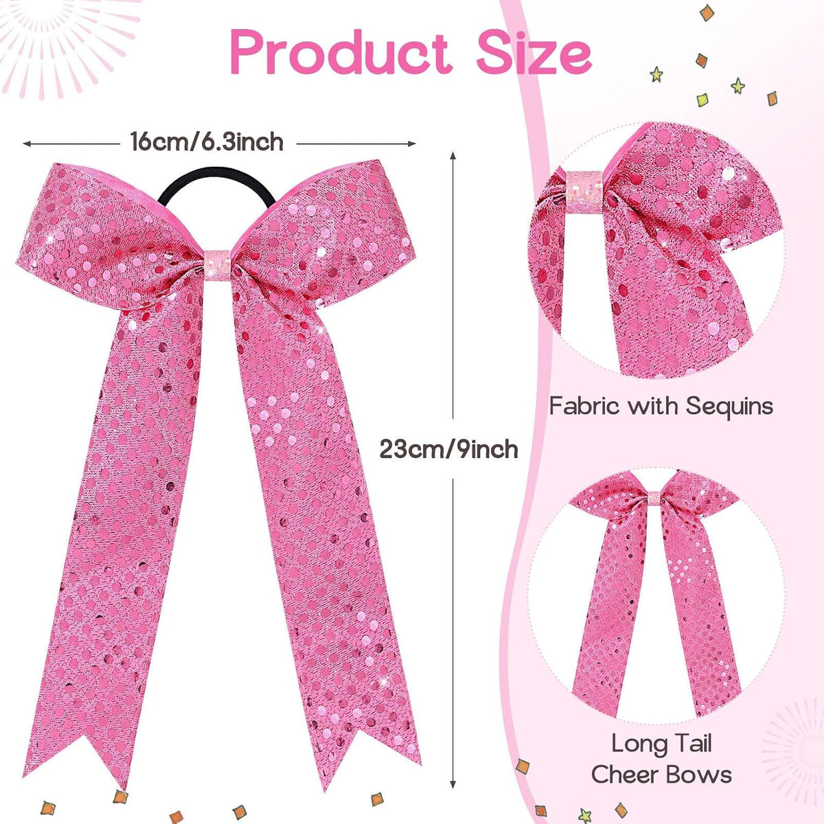 12PCS Glitter Long Tail Cheer Bows for Cheerleader, Pink Shiny Cheer Hair Tail Ponytail Holder for Cheerleading Girls Softball Sports (Pink)