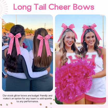 12PCS Glitter Long Tail Cheer Bows for Cheerleader, Pink Shiny Cheer Hair Tail Ponytail Holder for Cheerleading Girls Softball Sports (Pink)