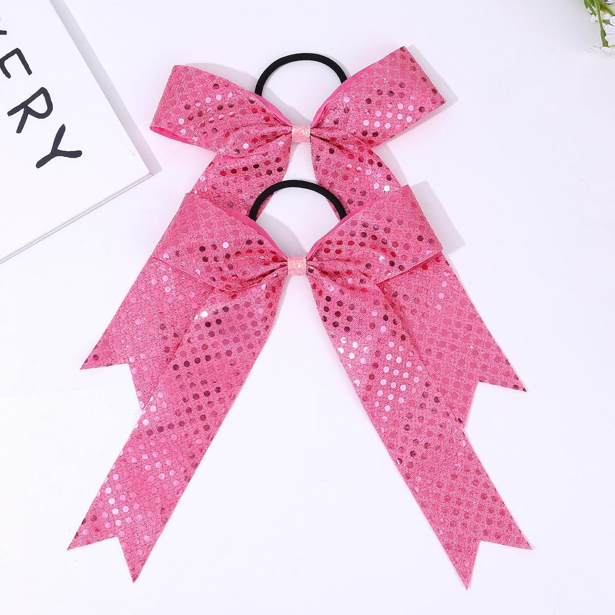 12PCS Glitter Long Tail Cheer Bows for Cheerleader, Pink Shiny Cheer Hair Tail Ponytail Holder for Cheerleading Girls Softball Sports (Pink)