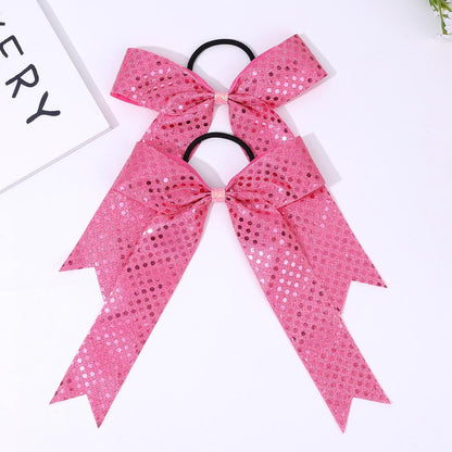 12PCS Glitter Long Tail Cheer Bows for Cheerleader, Pink Shiny Cheer Hair Tail Ponytail Holder for Cheerleading Girls Softball Sports (Pink)