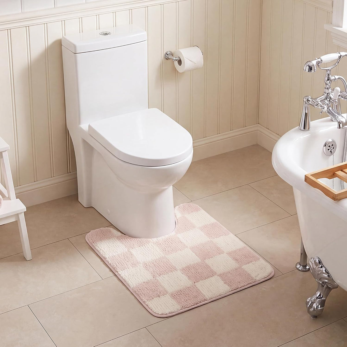 Checkered Pink U Shaped Toilet Mat, 20" x 24",Cute Toilet Rug