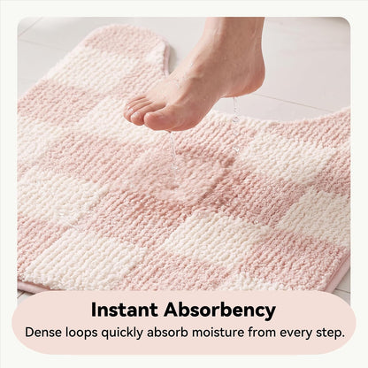 Checkered Pink U Shaped Toilet Mat, 20" x 24",Cute Toilet Rug