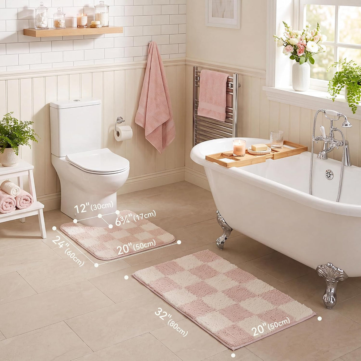 Checkered Pink U Shaped Toilet Mat, 20" x 24",Cute Toilet Rug