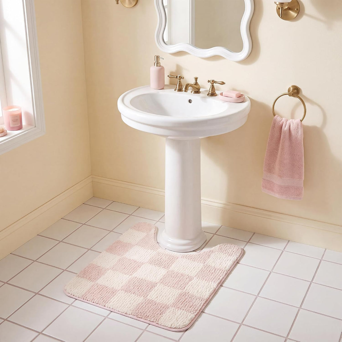 Checkered Pink U Shaped Toilet Mat, 20" x 24",Cute Toilet Rug