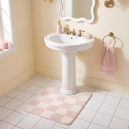 Checkered Pink U Shaped Toilet Mat, 20" x 24",Cute Toilet Rug