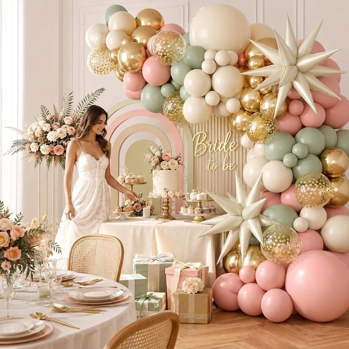 Sage Green Pink Balloon Garland Arch Kit, Sand White Beige Latex Party Balloons
