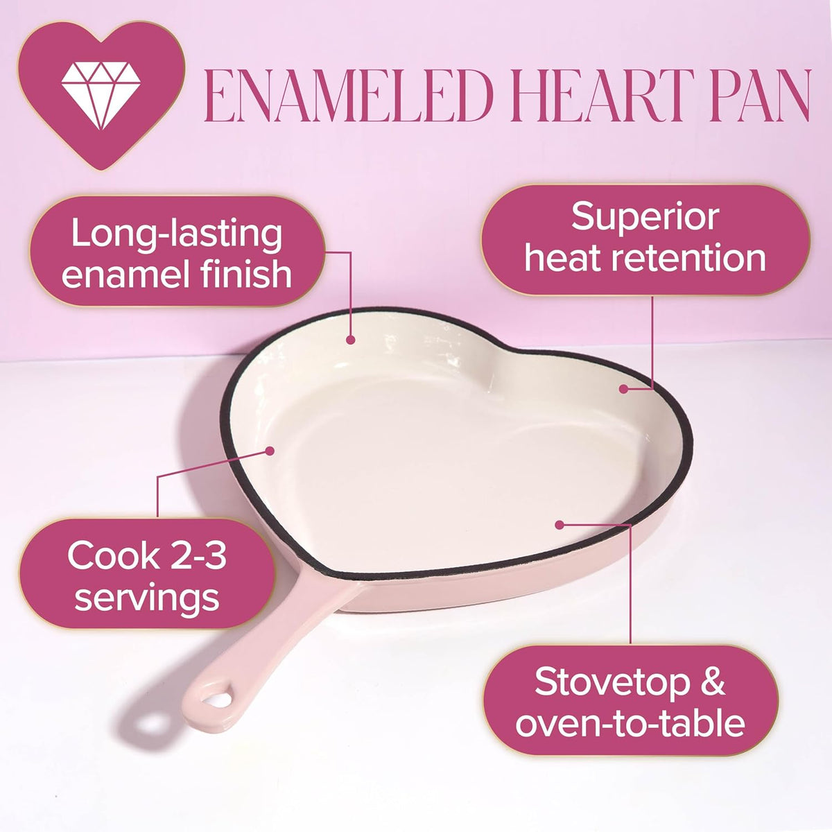 Paris Hilton Enameled Cast Iron Heart Skillet Pan, Superior Heat Retention, Oven Safe, Long-Lasting Enamel, 10-Inch, Pink