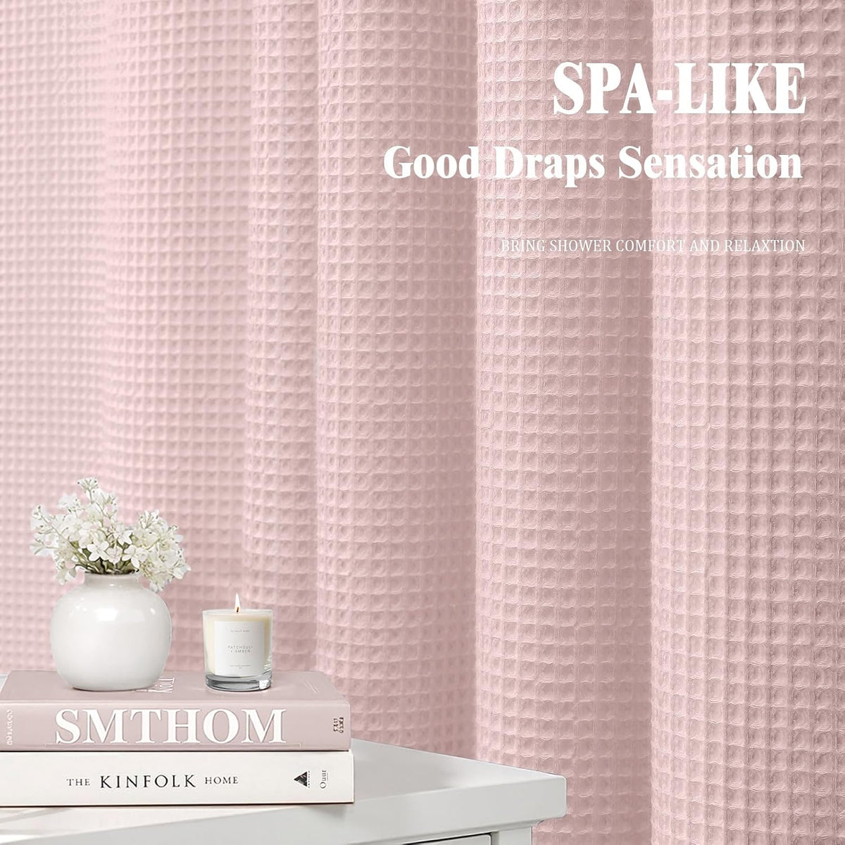 Waffle Weave Shower Curtain Heavyweight Cotton Fabric Blush Pink 72Wx72L