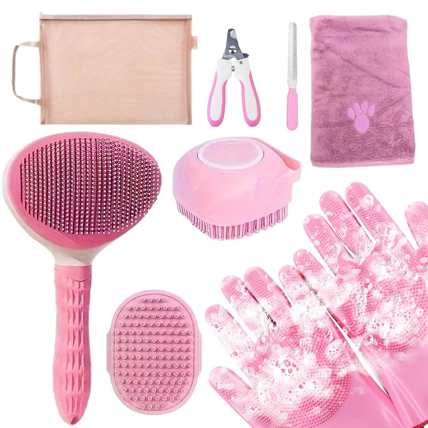Pet Grooming Kit for Bath, Hair Brush Set with Towel, Dog Bath Supplies, Bath Grooming Kit for Pets, Slicker Brush, Washing Gloves, Shampoo Scrubber Brush, Pet Nail Clipper and File for Dogs and Cats