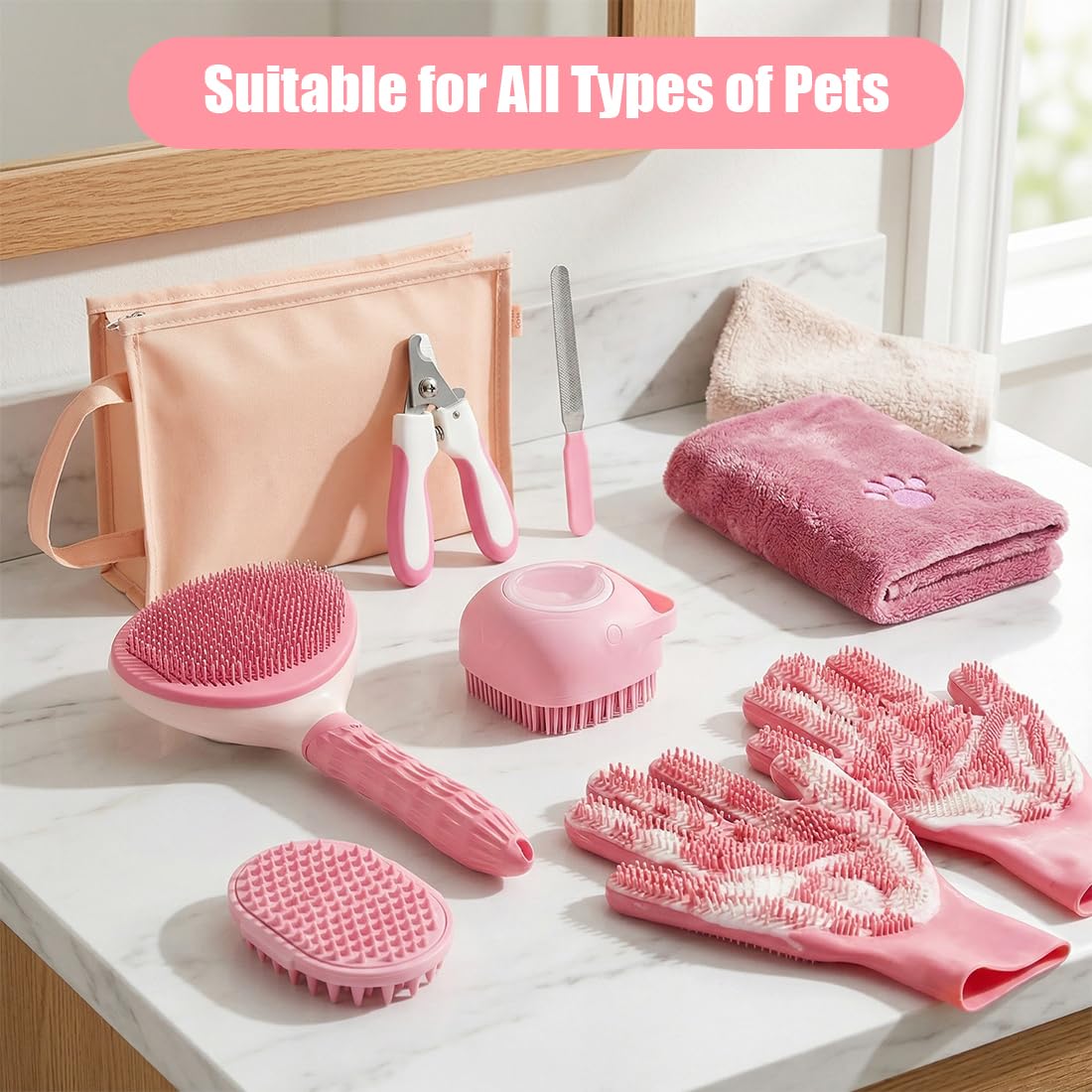 Pet Grooming Kit for Bath, Hair Brush Set with Towel, Dog Bath Supplies, Bath Grooming Kit for Pets, Slicker Brush, Washing Gloves, Shampoo Scrubber Brush, Pet Nail Clipper and File for Dogs and Cats