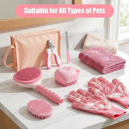 Pet Grooming Kit for Bath, Hair Brush Set with Towel, Dog Bath Supplies, Bath Grooming Kit for Pets, Slicker Brush, Washing Gloves, Shampoo Scrubber Brush, Pet Nail Clipper and File for Dogs and Cats