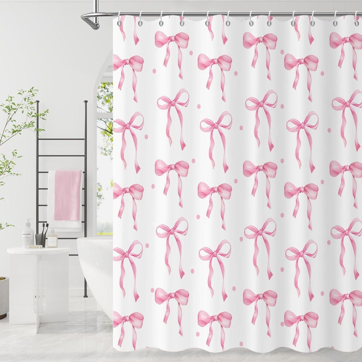 Pink Bow Shower Curtain, Pink and White Modern Aesthetic Bowknot with Polka Dot Cute Girly Bathroom Curtain Waterproof Fabric Machine Washable with Hooks, 72" Wx72 L