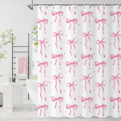 Pink Bow Shower Curtain, Pink and White Modern Aesthetic Bowknot with Polka Dot Cute Girly Bathroom Curtain Waterproof Fabric Machine Washable with Hooks, 72" Wx72 L
