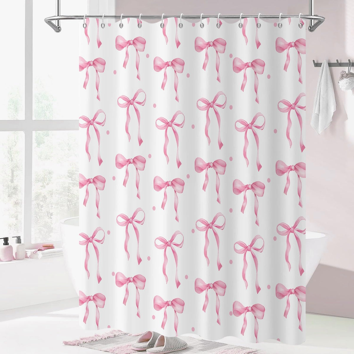 Pink Bow Shower Curtain, Pink and White Modern Aesthetic Bowknot with Polka Dot Cute Girly Bathroom Curtain Waterproof Fabric Machine Washable with Hooks, 72" Wx72 L