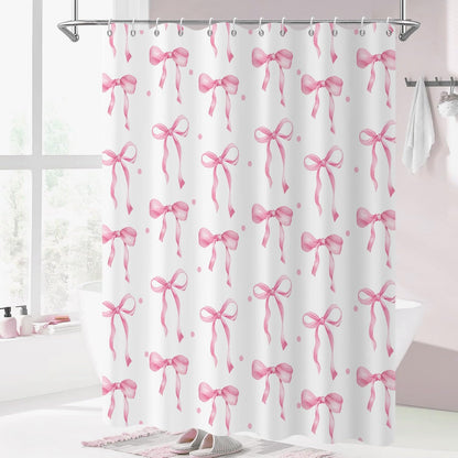 Pink Bow Shower Curtain, Pink and White Modern Aesthetic Bowknot with Polka Dot Cute Girly Bathroom Curtain Waterproof Fabric Machine Washable with Hooks, 72" Wx72 L