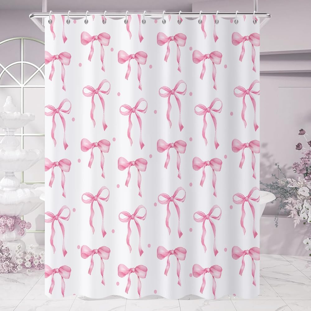 Pink Bow Shower Curtain, Pink and White Modern Aesthetic Bowknot with Polka Dot Cute Girly Bathroom Curtain Waterproof Fabric Machine Washable with Hooks, 72" Wx72 L