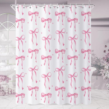 Pink Bow Shower Curtain, Pink and White Modern Aesthetic Bowknot with Polka Dot Cute Girly Bathroom Curtain Waterproof Fabric Machine Washable with Hooks, 72" Wx72 L