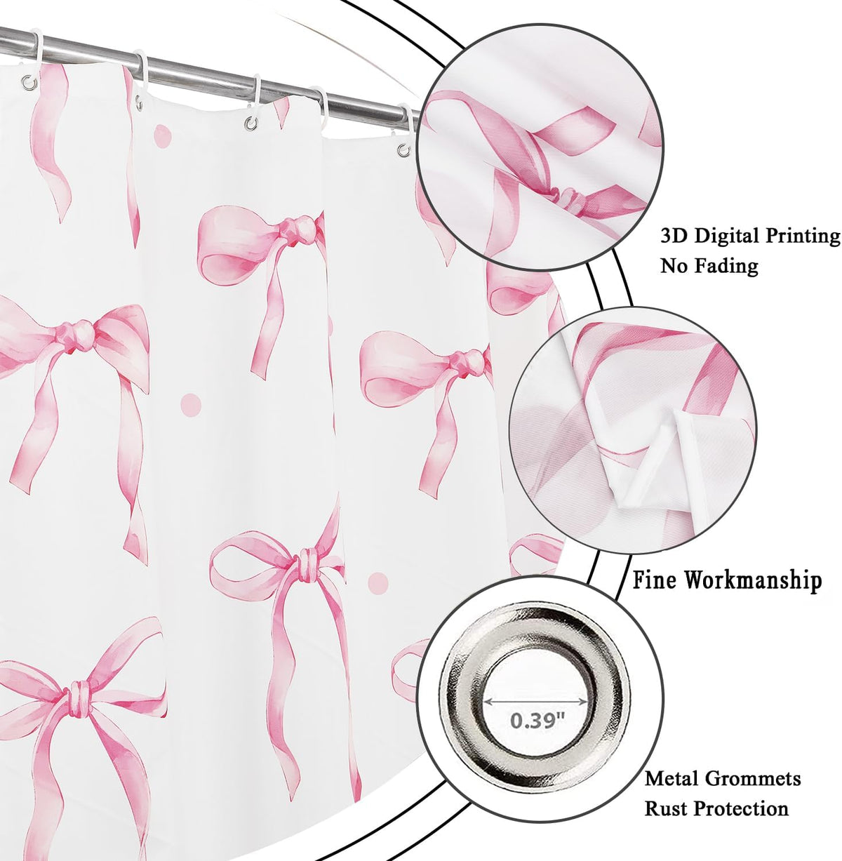 Pink Bow Shower Curtain, Pink and White Modern Aesthetic Bowknot with Polka Dot Cute Girly Bathroom Curtain Waterproof Fabric Machine Washable with Hooks, 72" Wx72 L