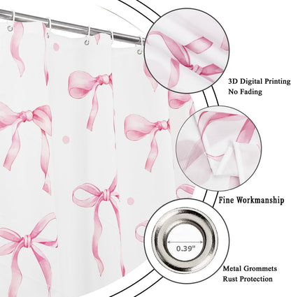 Pink Bow Shower Curtain, Pink and White Modern Aesthetic Bowknot with Polka Dot Cute Girly Bathroom Curtain Waterproof Fabric Machine Washable with Hooks, 72" Wx72 L