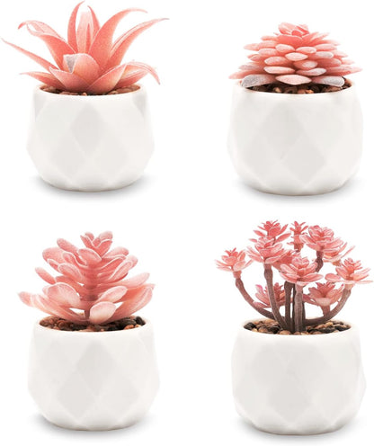 Mini Faux Succulents Plants Artificial in Pots-Rose Pink Desk Accessories, Small Fake Succulents Plants for Home Decor Indoor for Women, White Ceramic, Set of 4