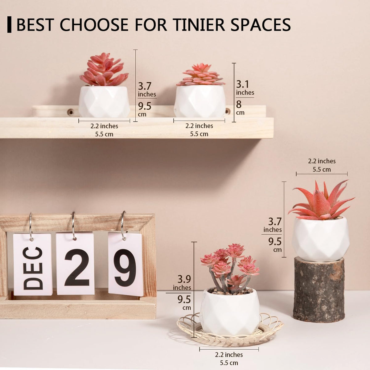 Mini Faux Succulents Plants Artificial in Pots-Rose Pink Desk Accessories, Small Fake Succulents Plants for Home Decor Indoor for Women, White Ceramic, Set of 4