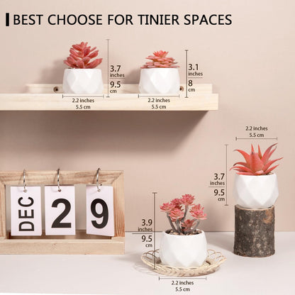 Mini Faux Succulents Plants Artificial in Pots-Rose Pink Desk Accessories, Small Fake Succulents Plants for Home Decor Indoor for Women, White Ceramic, Set of 4