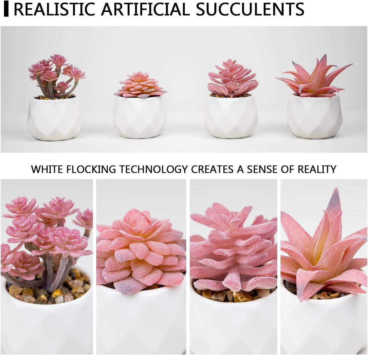 Mini Faux Succulents Plants Artificial in Pots-Rose Pink Desk Accessories, Small Fake Succulents Plants for Home Decor Indoor for Women, White Ceramic, Set of 4