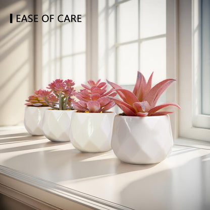 Mini Faux Succulents Plants Artificial in Pots-Rose Pink Desk Accessories, Small Fake Succulents Plants for Home Decor Indoor for Women, White Ceramic, Set of 4