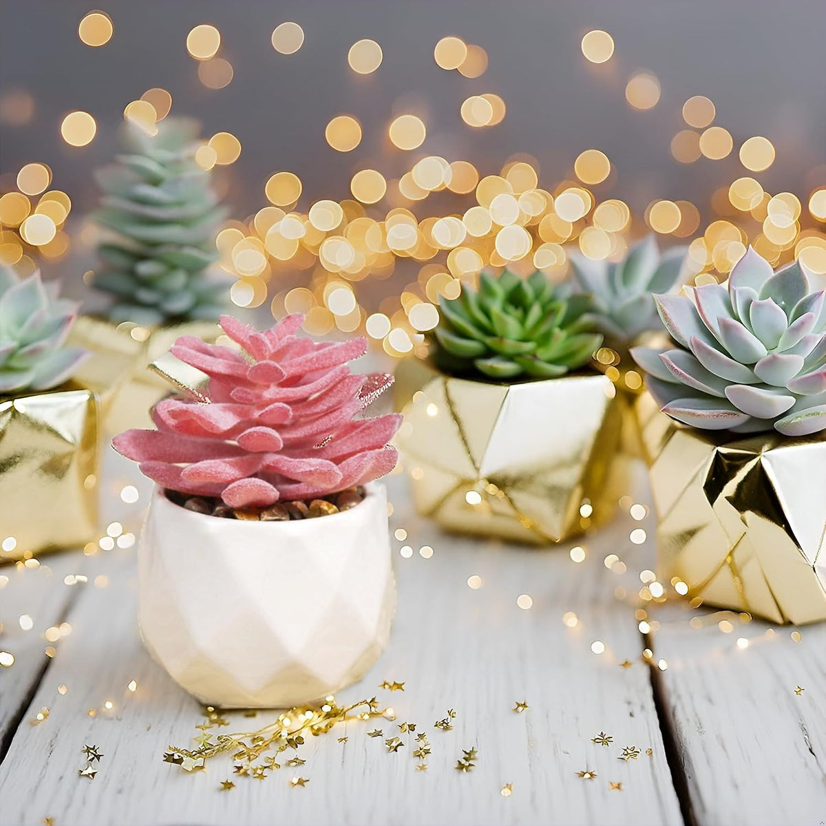 Mini Faux Succulents Plants Artificial in Pots-Rose Pink Desk Accessories, Small Fake Succulents Plants for Home Decor Indoor for Women, White Ceramic, Set of 4
