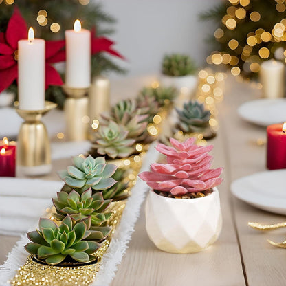 Mini Faux Succulents Plants Artificial in Pots-Rose Pink Desk Accessories, Small Fake Succulents Plants for Home Decor Indoor for Women, White Ceramic, Set of 4
