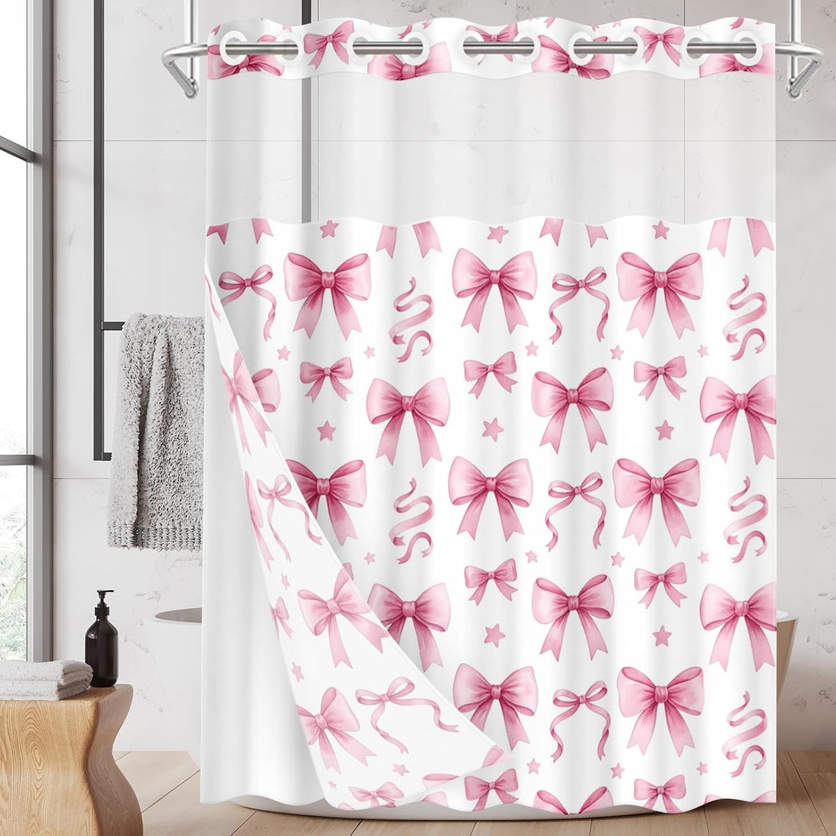 No Hook Shower Curtain with Snap in Liner 71x74 Inch Bow Cute