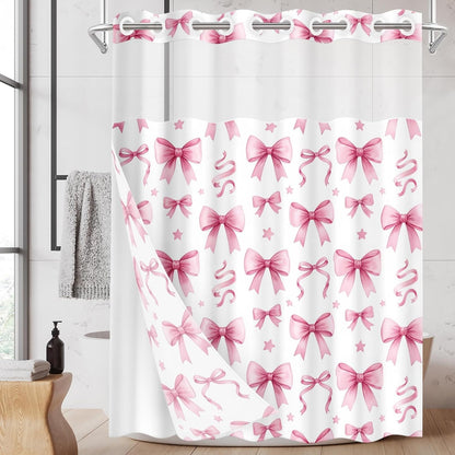 No Hook Shower Curtain with Snap in Liner 71x74 Inch Bow Cute